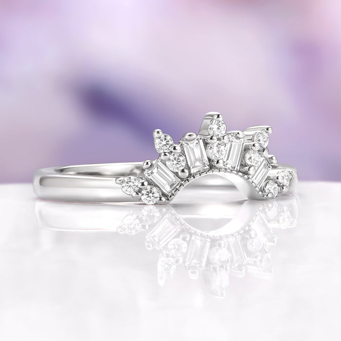 Silver stacking diamond wedding band on purple background