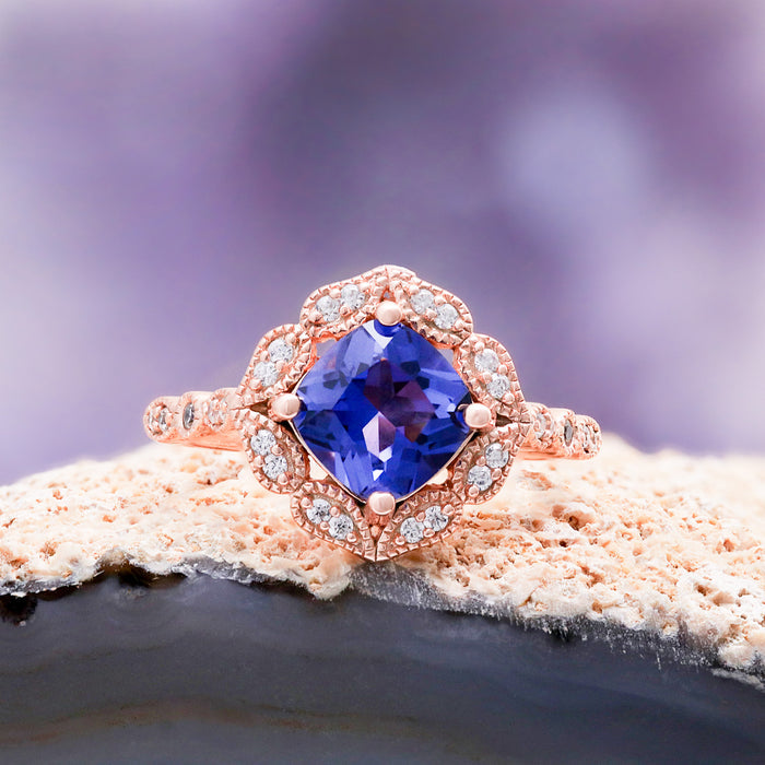 Cushion cut tanzanite ring in 14K rose gold vermeil by Aquamarise