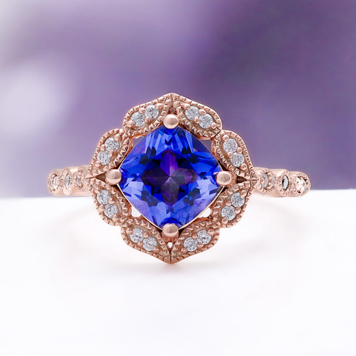 Art Deco Cushion Cut Tanzanite Engagement Ring in 14K Rose Gold Vermeil