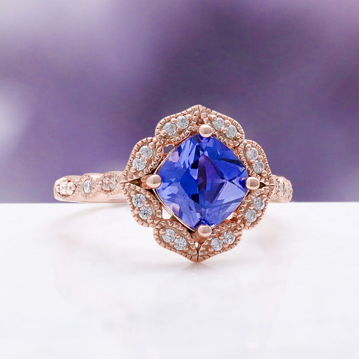 Art Deco Cushion Cut Tanzanite Engagement Ring in 14K Rose Gold Vermeil – side profile view