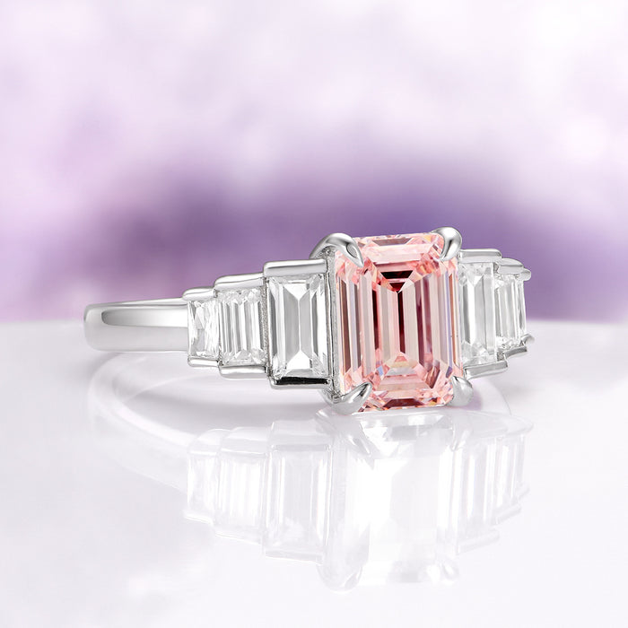 Art Deco Emerald Cut Morganite Engagement Ring in Sterling Silver by Aquamarise featuring a blush-pink emerald-cut morganite center with tapered rectangular side stones, part of Sterling Silver Rings, Engagement Rings for Women, and Morganite Jewelry collections.
