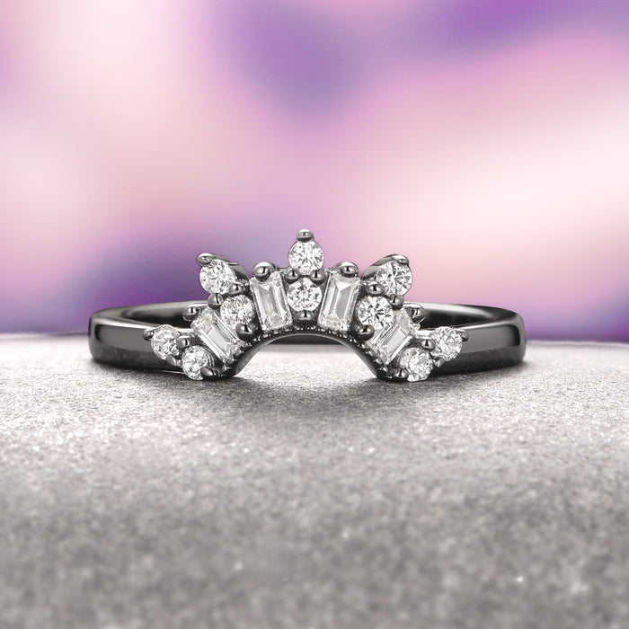 Art Deco Blue Sapphire Ring Set- Black Ruthenium by Aquamarise features a black ruthenium over sterling silver band adorned with a unique arrangement of baguette and round clear gemstones, combining vintage elegance with modern artistry, ideal for September Birthstone Jewelry and alternative engagement rings.