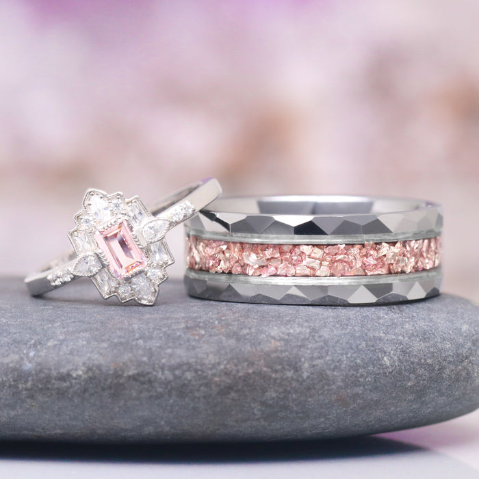 Art Deco Mosaic Morganite Couples Ring Set by Aquamarise featuring faceted tungsten band with pink morganite inlay and sterling silver ring with pink morganite center stone, from Matching Couples' Rings.