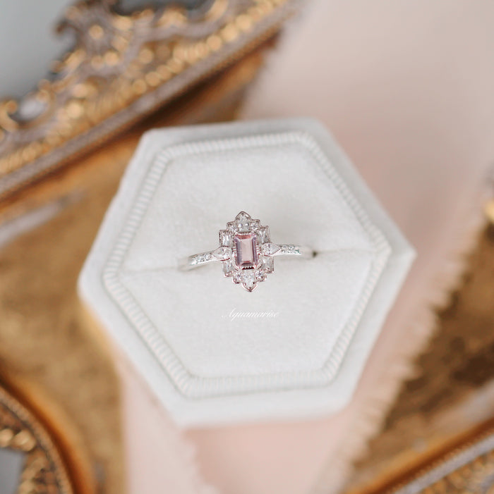 Art Deco Mosaic Morganite Couples Ring Set featuring a rectangular morganite center stone with delicate diamond accents on a sterling silver band by Aquamarise.