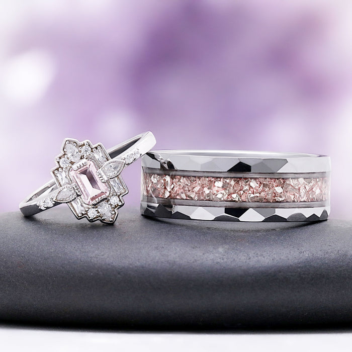 Art Deco morganite engagement ring with marquise and baguette accents beside a faceted men's band with a crushed morganite inlay
