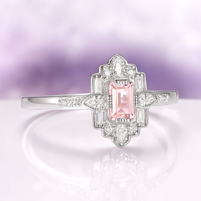 Art Deco Mosaic Morganite Couples Ring Set featuring a rectangular pink morganite surrounded by sparkling diamond accents on a sterling silver band by Aquamarise.