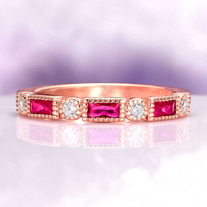 Art Deco Ruby Wedding Band in 14K Solid Rose Gold by Aquamarise Gold, featuring alternating emerald-cut rubies and round-cut diamonds in a vintage-inspired design.