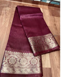 Silk Linen Banarasi Brocade Handloom Cherrywine Colour Saree with Blouse-Indiehaat