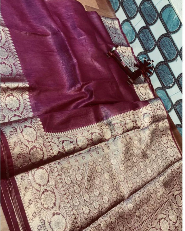 Silk Linen Banarasi Brocade Handloom Cherrywine Colour Saree with Blouse-Indiehaat