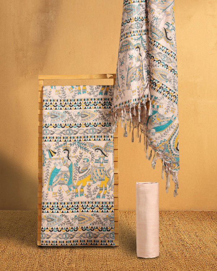 Katan Multi Colour Silk Printed Suit Piece with Bottom and Dupatta Handcrafted-Indiehaat