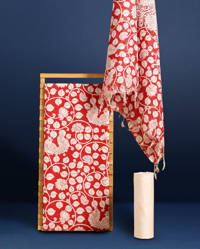 Artistic Katan Silk Madhubani Red Suit (T+B+D)