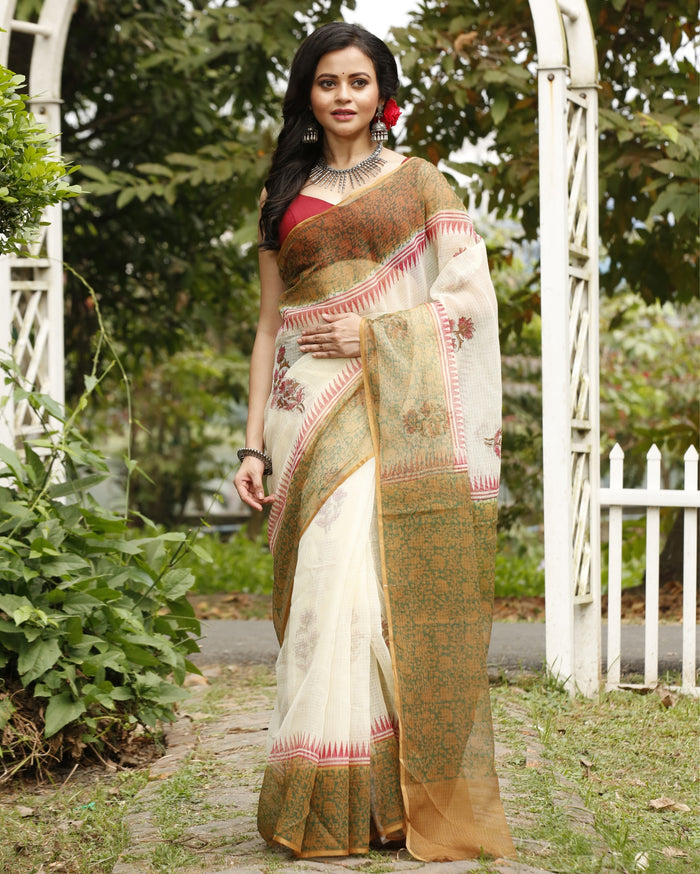 Artistic Kota Doria Blockprinted Beige & Green Saree