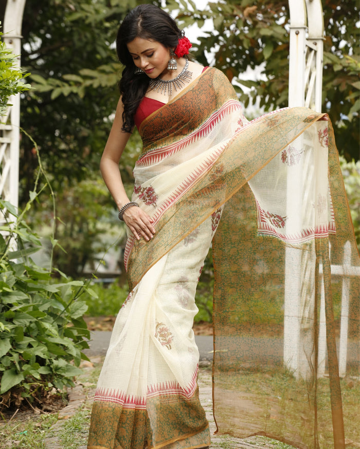 Artistic Kota Doria Blockprinted Beige & Green Saree