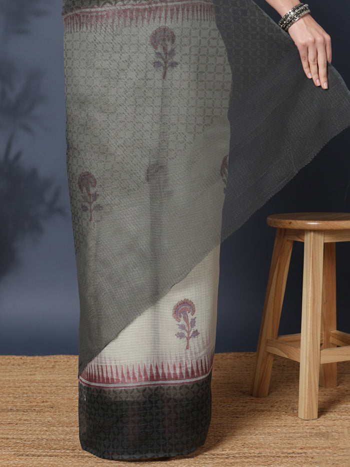 Artistic Kota Doria Blockprinted Black & White Saree