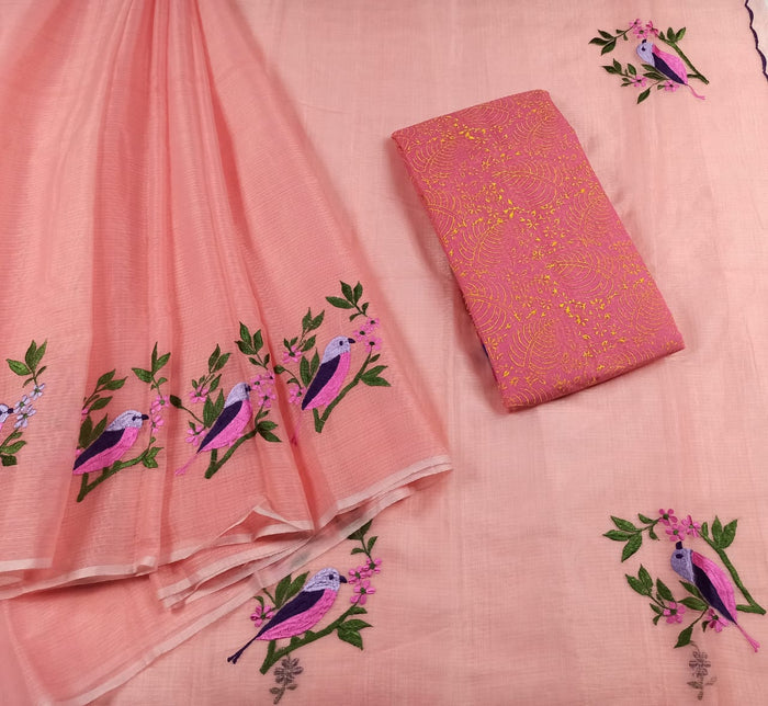 Kota Doria Embroidery Pink Saree with blouse Handcrafted-Indiehaat