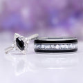 Arwen Black Onyx & Pearl Couples Ring Set by Aquamarise, featuring a marquise black onyx and delicate pearls on a textured sterling silver ring paired with a black and white inlay band.