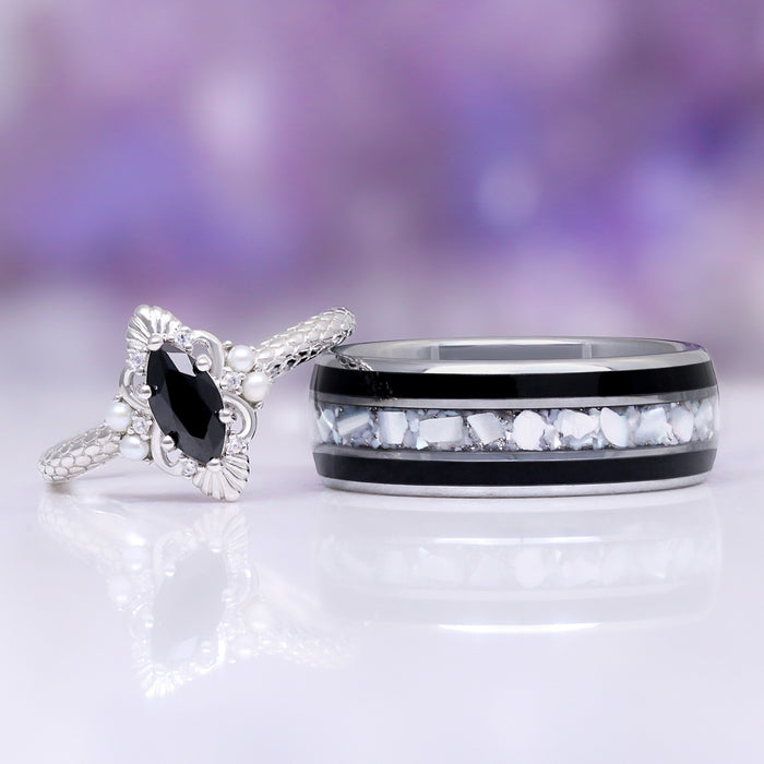 Arwen Black Onyx & Pearl Couples Ring Set by Aquamarise, featuring a marquise black onyx and delicate pearls on a textured sterling silver ring paired with a black and white inlay band.