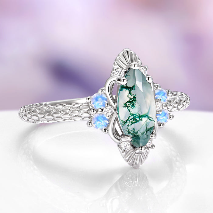 Arwen Moss Agate & Moonstone Ring in Sterling Silver