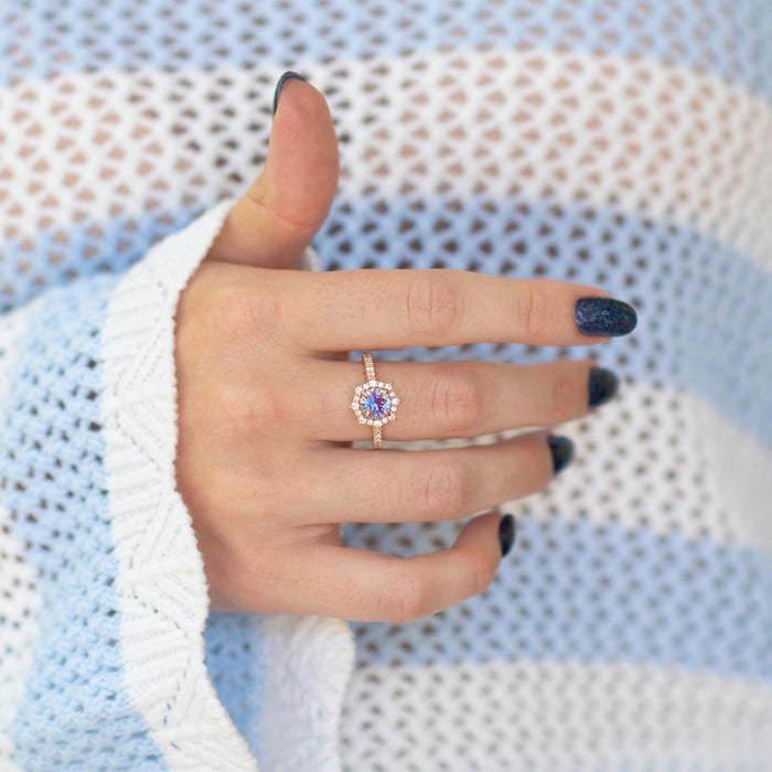Aster Alexandrite Engagement Ring in 14K Rose Gold Vermeil by Aquamarise, featuring a round alexandrite surrounded by pavé diamonds on a rose gold vermeil band.