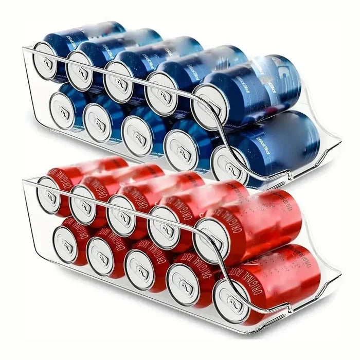 auto-rolling can dispenser with colorful cans neatly arranged