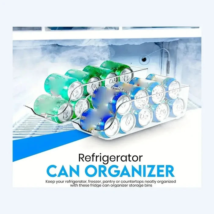 Auto-rolling can dispenser with organized soda cans in refrigerator.