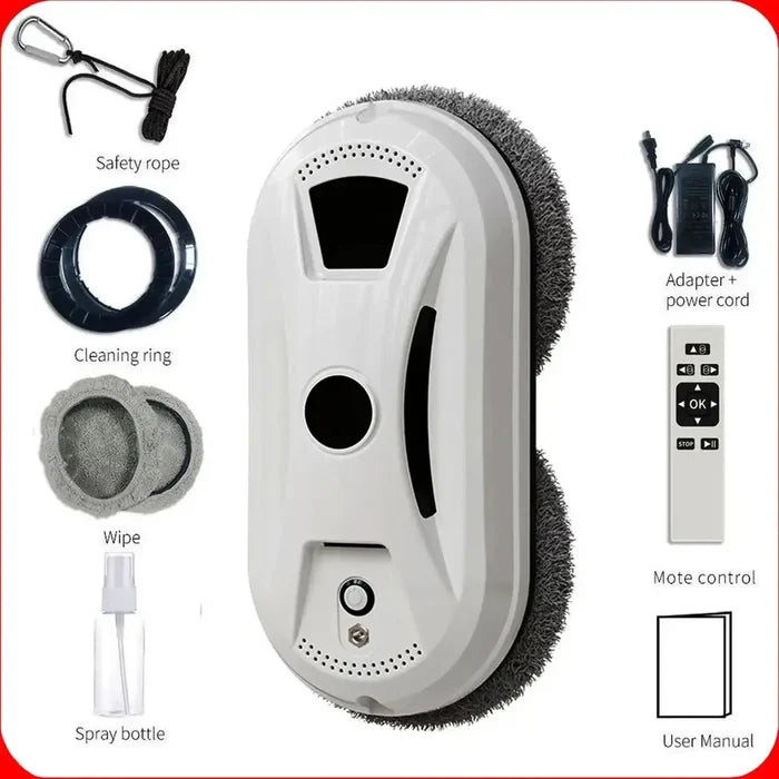 Automatic window cleaning robot with accessories: safety rope, cleaning ring, wipes, spray bottle, remote control, adapter, and user manual.