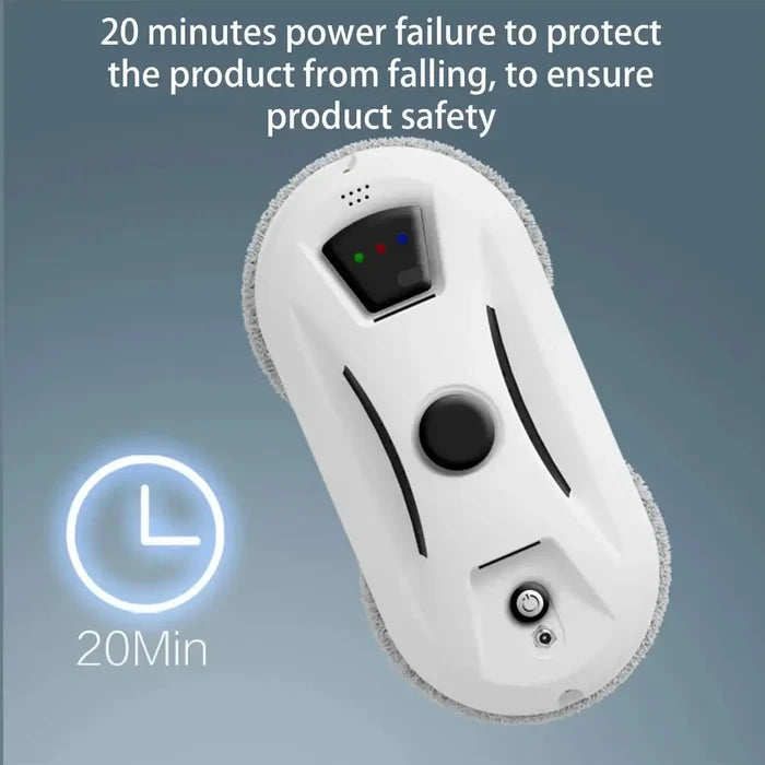 Automatic window cleaning robot showing 20 minutes power failure feature to ensure safety.