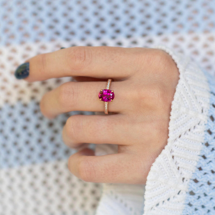 Ava Pink Tourmaline Engagement Ring in 14K Rose Gold Vermeil by Aquamarise, featuring a vibrant pink tourmaline center with pavé diamond accents on a rose gold band.