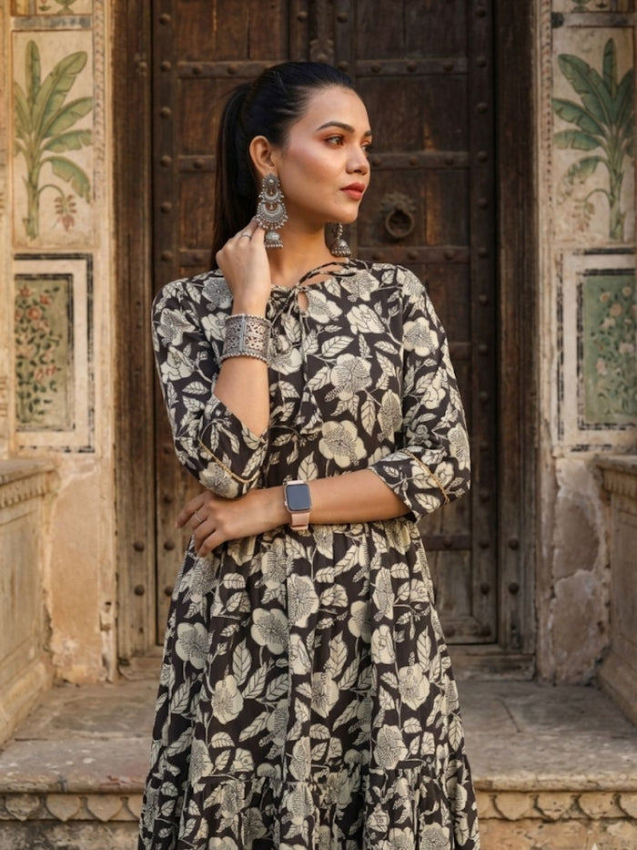 Indiehaat | Blockprinted Cotton Frill Dress Black