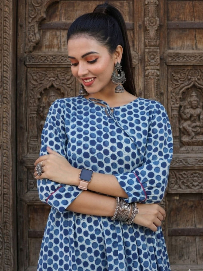 Indiehaat | Blockprinted Cotton Frill Dress Blue
