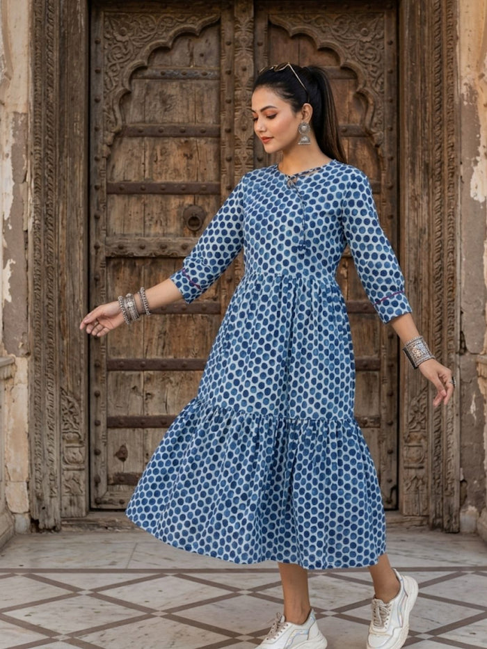 Indiehaat | Blockprinted Cotton Frill Dress Blue
