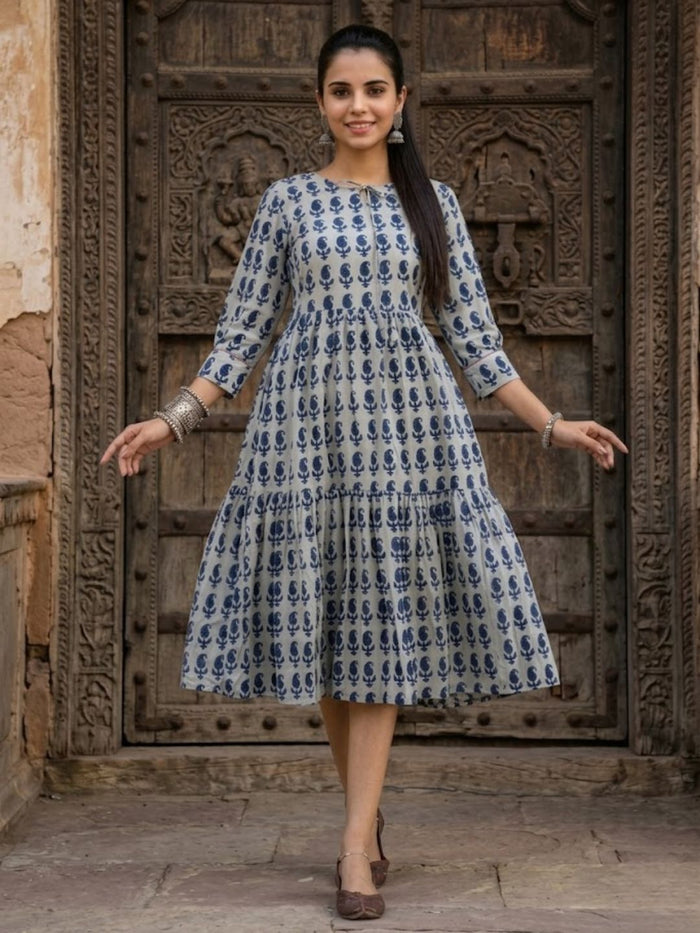 Indiehaat | Blockprinted Cotton Frill Dress Indigo