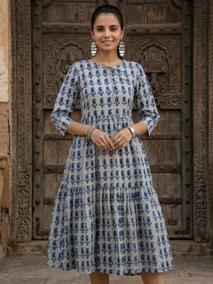 Indiehaat | Blockprinted Cotton Frill Dress Indigo