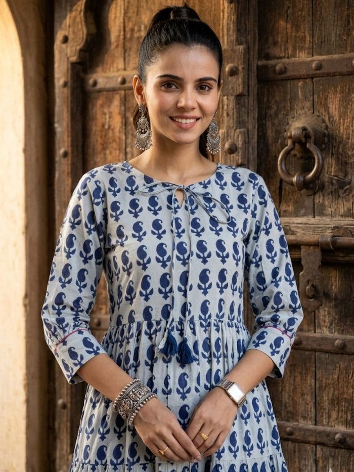 Indiehaat | Blockprinted Cotton Frill Dress Indigo