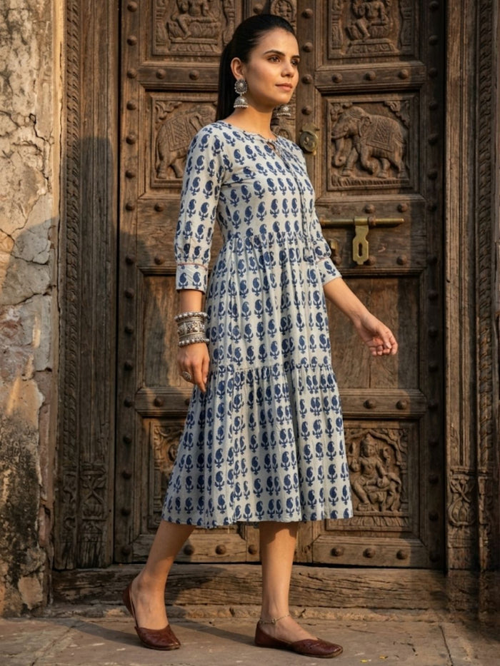 Indiehaat | Blockprinted Cotton Frill Dress Indigo