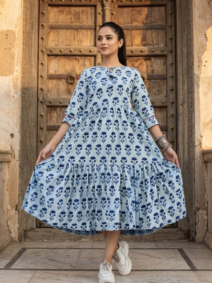 Indiehaat | Blockprinted Cotton Frill Dress Blue