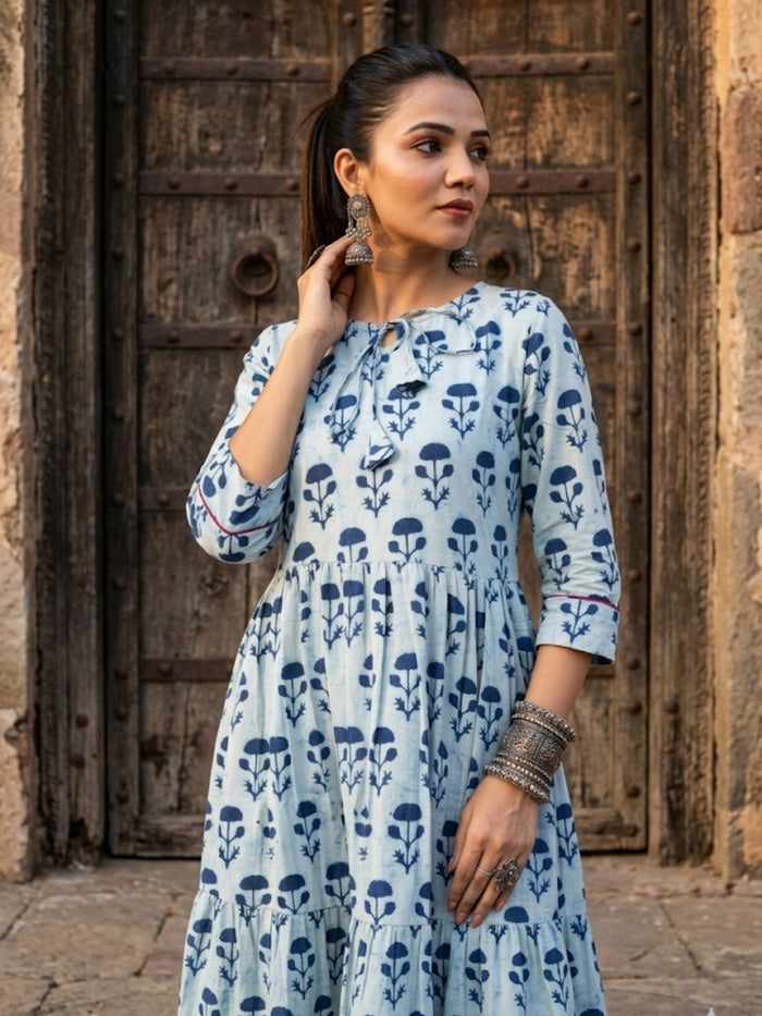 Indiehaat | Blockprinted Cotton Frill Dress Blue