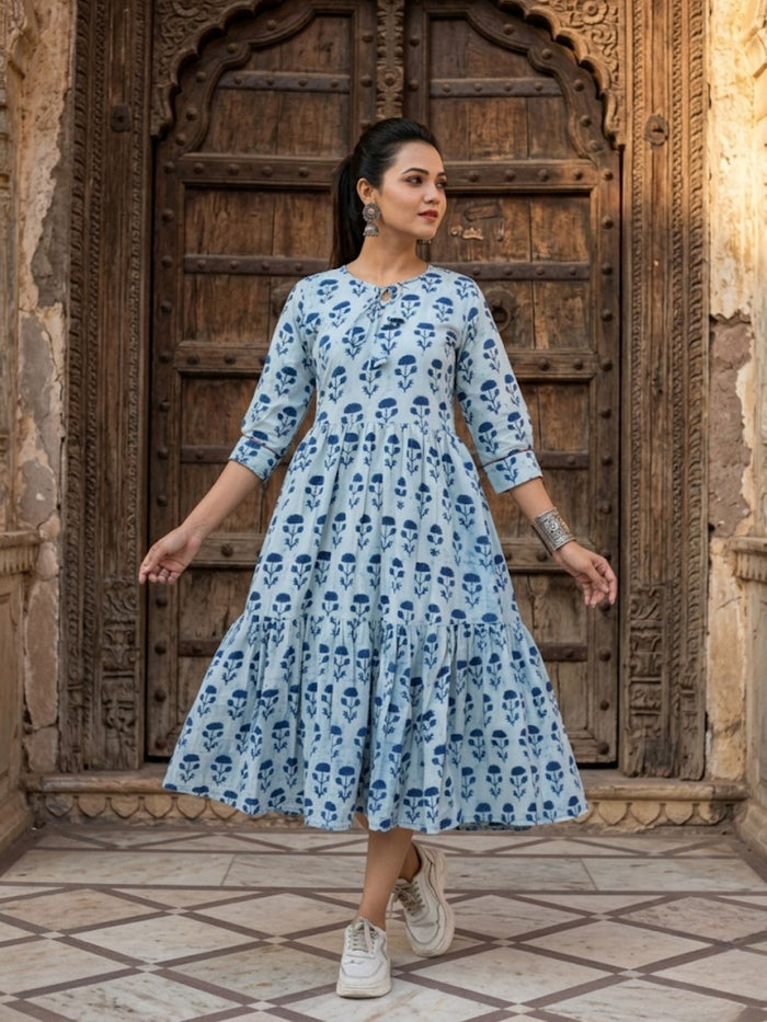 Indiehaat | Blockprinted Cotton Frill Dress Blue