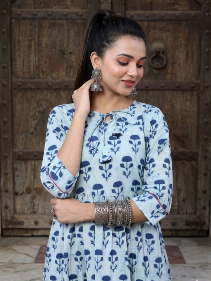Indiehaat | Blockprinted Cotton Frill Dress Blue