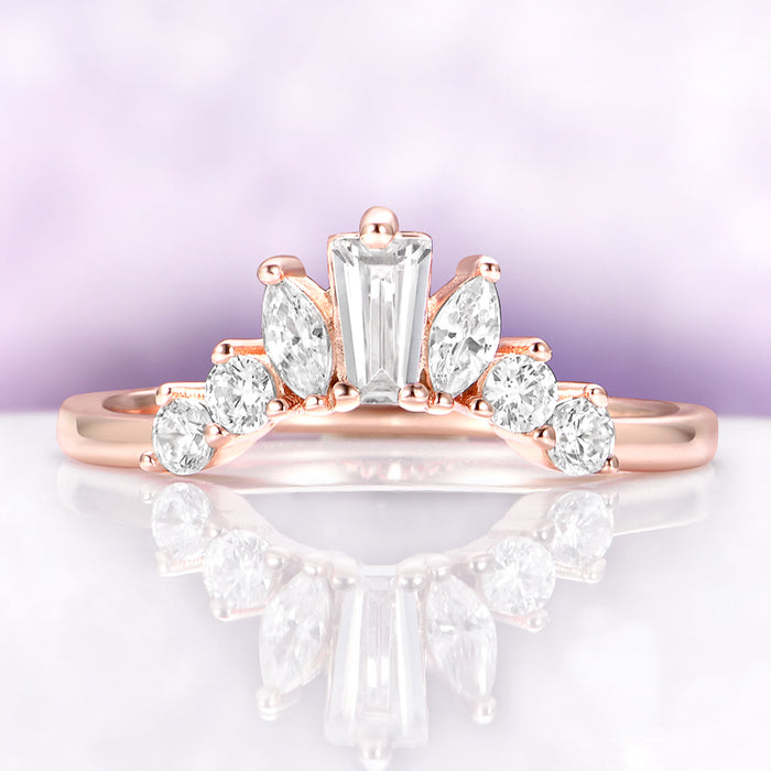 Baguette & Marquise Contour Stacking Ring in 14K Rose Gold Vermeil by Aquamarise, featuring mixed-cut clear stones set on a curved rose gold vermeil band.
