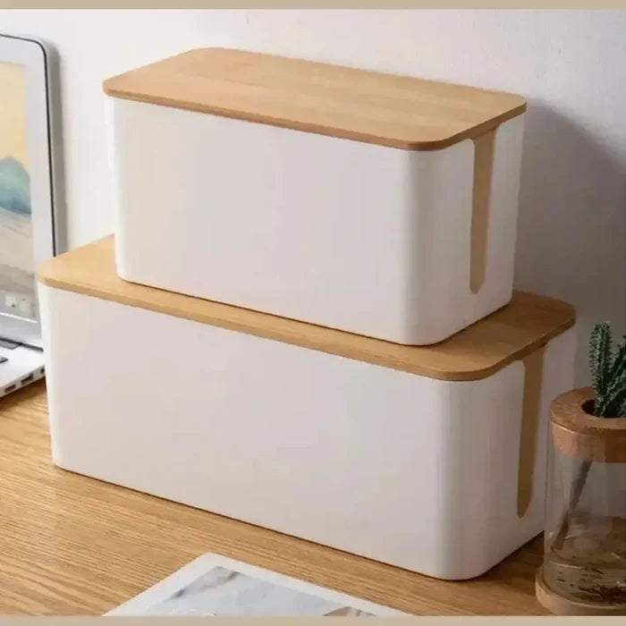 Bamboo cable organizer box with stylish bamboo cover, ideal for dust-proof desktop storage of cables and wires.