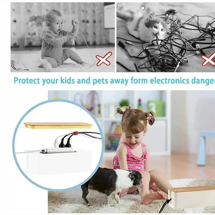 Bamboo cable organizer box protecting kids and pets from electronic hazards, showcasing neat cable storage.