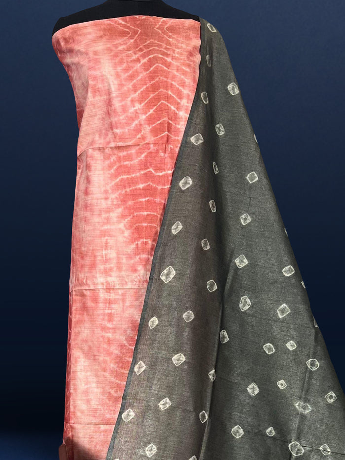 Bandhani & Shibori Khadi Silk Pink Suit (T+B+D)