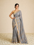 IndieHaat | Banswara Silk Gray Saree Digital Embroidery Lotus Design Running Blouse