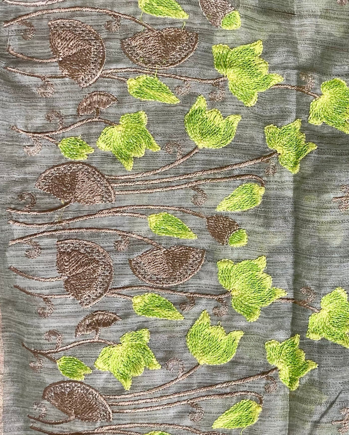 Banswara Silk Saree Pale Olive Green Lotus Embroidery