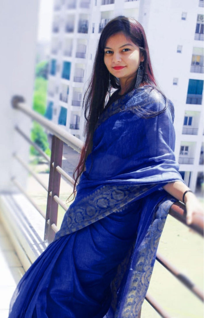 Silk Linen Banarasi Brocade Handloom Sapphire Blue Saree with Blouse-Indiehaat