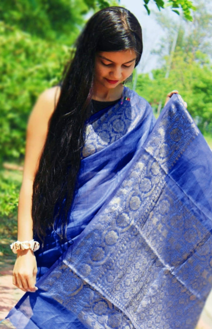 Silk Linen Banarasi Brocade Handloom Sapphire Blue Saree with Blouse-Indiehaat