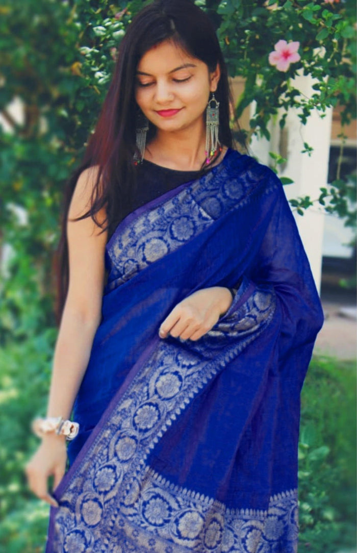 Silk Linen Banarasi Brocade Handloom Sapphire Blue Saree with Blouse-Indiehaat