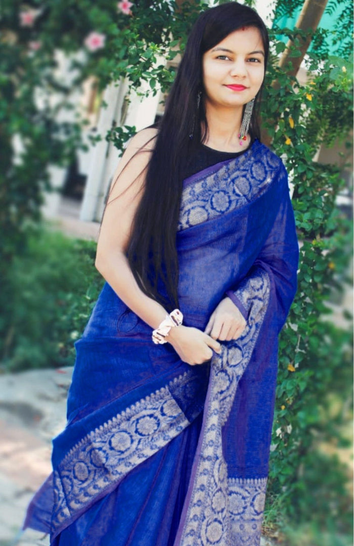 Silk Linen Banarasi Brocade Handloom Sapphire Blue Saree with Blouse-Indiehaat
