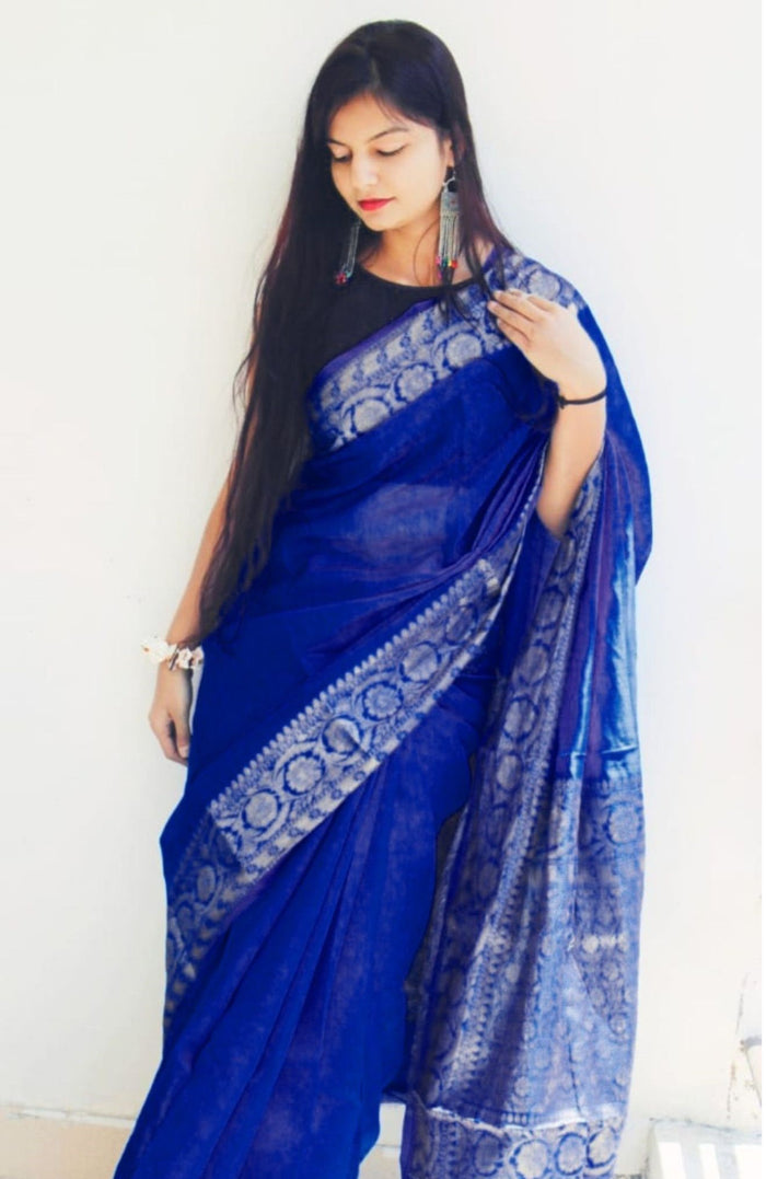 Silk Linen Banarasi Brocade Handloom Sapphire Blue Saree with Blouse-Indiehaat